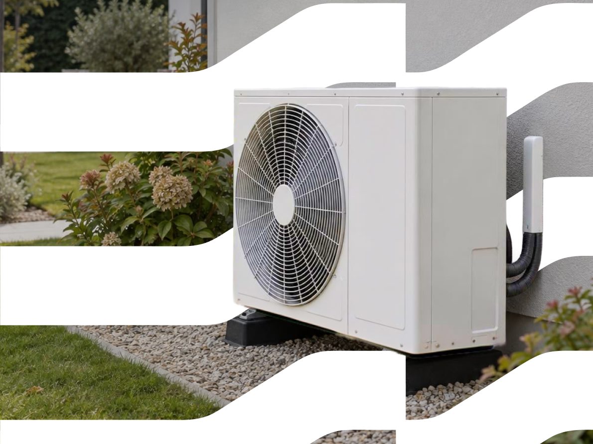 A heat pump's outdoor unit on a gravel base beside a house